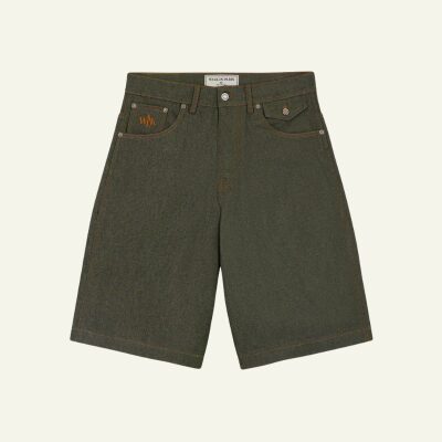Raw green denim baggy shorts